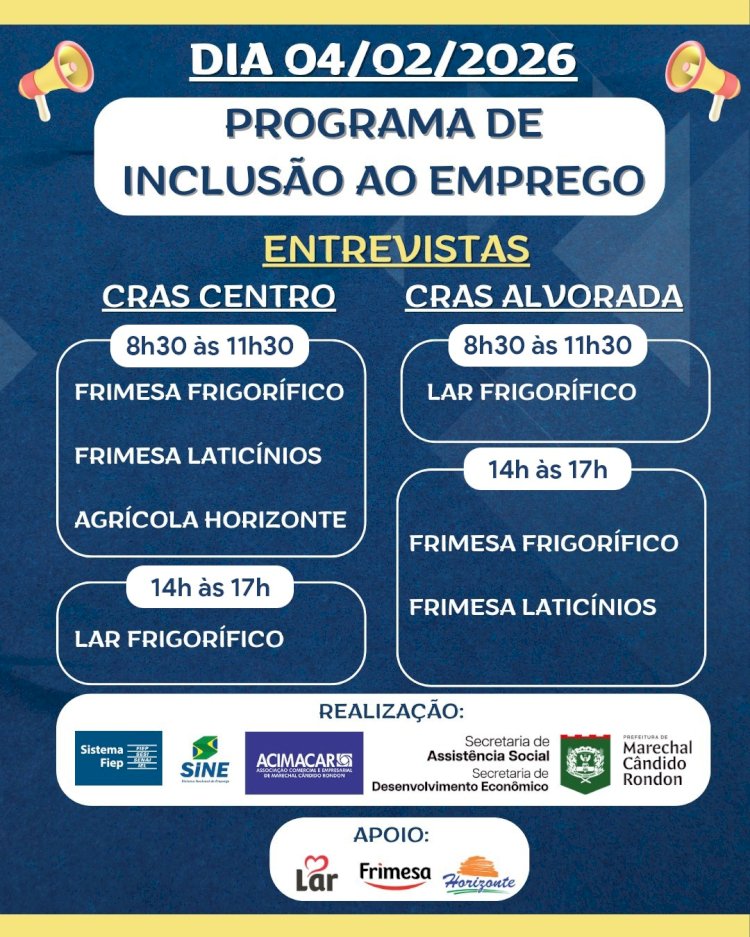 Programa de Inclusão ao Emprego promove entrevistas de trabalho no dia 4 de fevereiro em Marechal Cândido Rondon