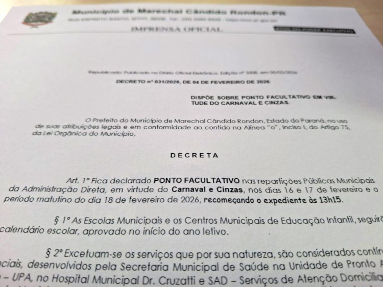 Prefeitura de Marechal Cândido Rondon decreta ponto facultativo durante o Carnaval