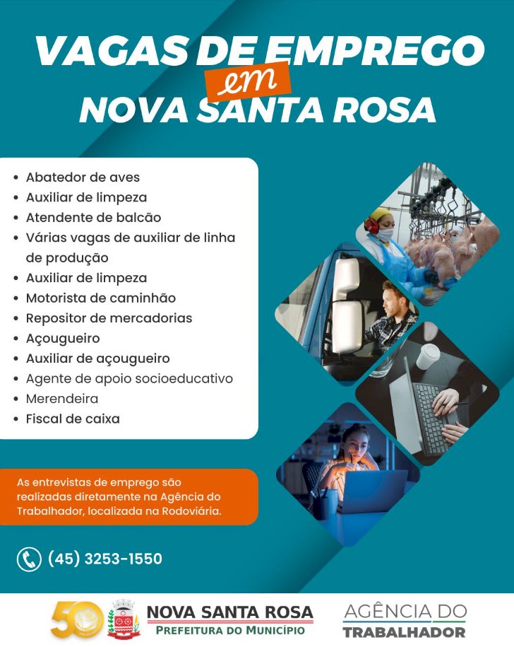 Nova Santa Rosa divulga novas vagas de emprego em diferentes áreas