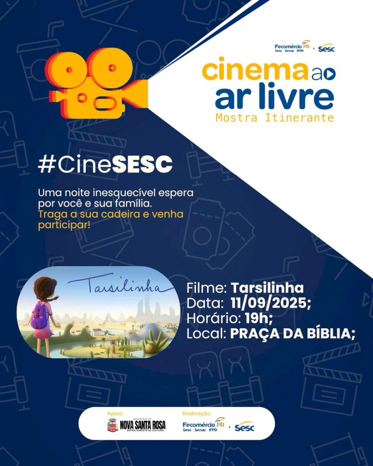 Cine Sesc traz cinema ao ar livre na quinta-feira (11), na Praça da Bíblia, em Nova Santa Rosa
