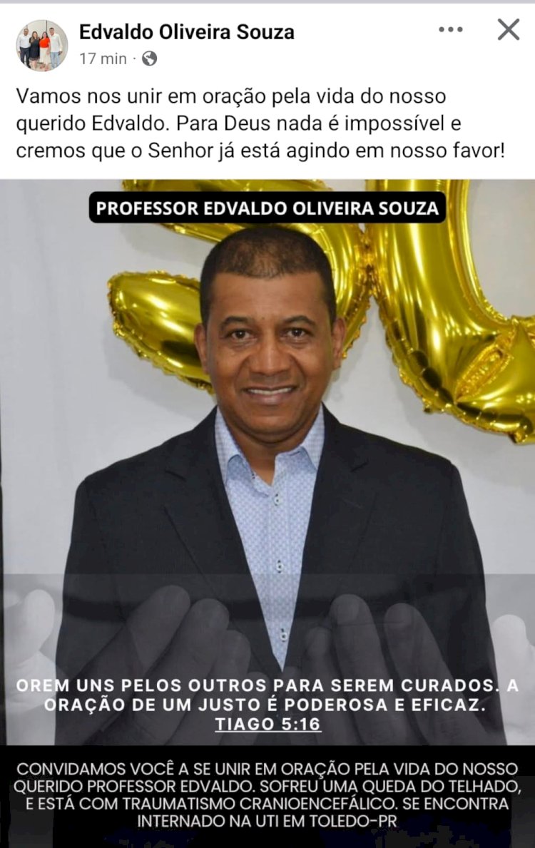 Professor de Marechal Rondon sofre queda e está internado na UTI em Toledo