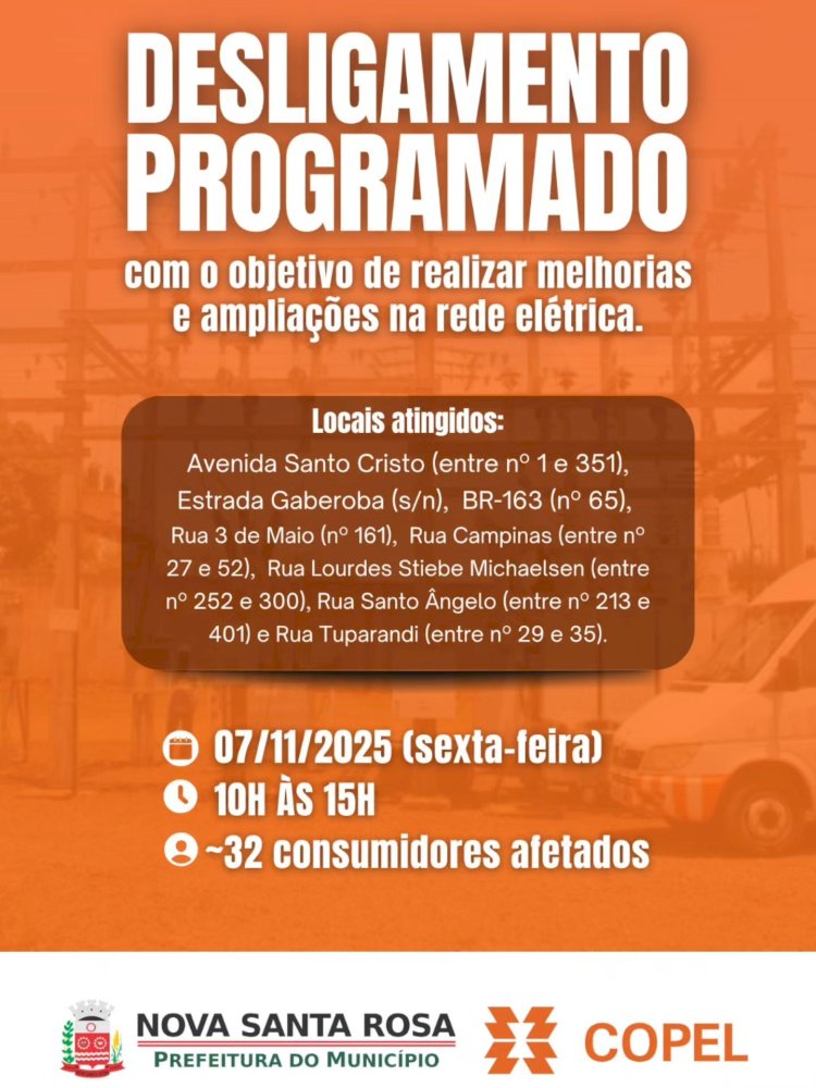 Copel fará  desligamento de energia  programada  nesta sexta-feira (07) em Nova Santa Rosa